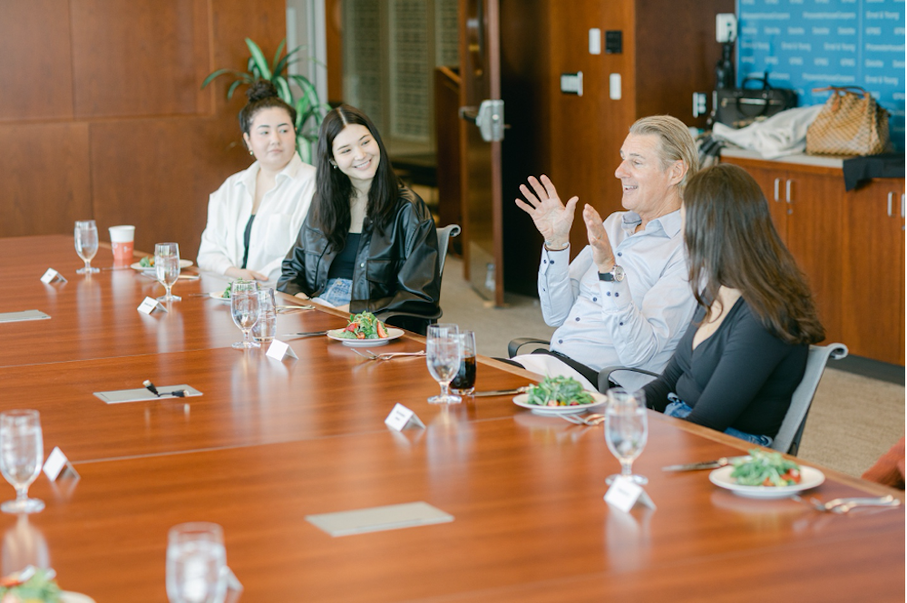 Warren Spitz (second from right) shares a moment with current Spitz Fellows Bailey Hill (far left), Annalies Verhoeff (second from left), and alum Elsa Doxtdator-Jansson (far right).