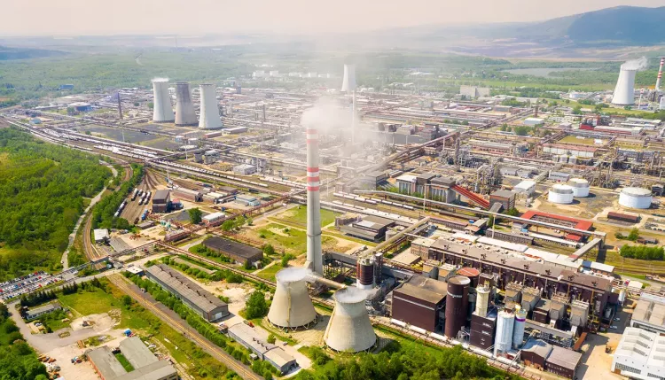 Chemical plant and oil refinery from above. Heavy industry in European Union.